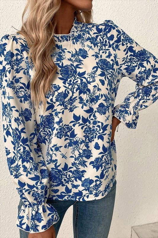 Women Floral Print Flounce Sleeve Keyhole Blouse - Robbi & Angel