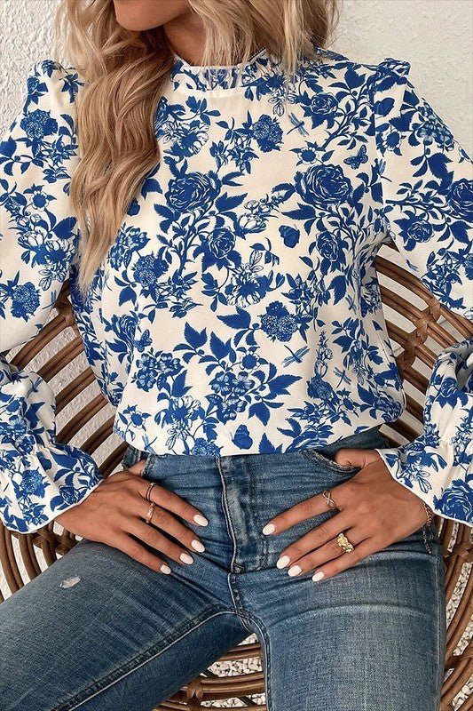 Women Floral Print Flounce Sleeve Keyhole Blouse - Robbi & Angel
