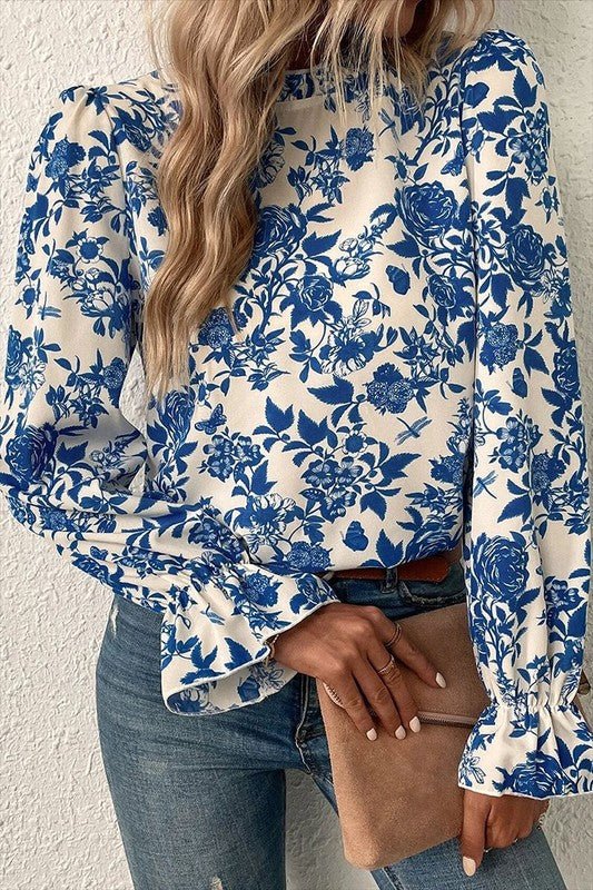 Women Floral Print Flounce Sleeve Keyhole Blouse - Robbi & Angel