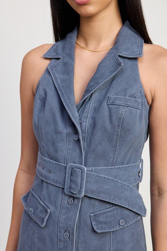 MINI HALTER COLLARED SLEEVELESS DRESS - Robbi & Angel
