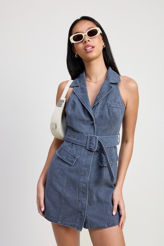 MINI HALTER COLLARED SLEEVELESS DRESS - Robbi & Angel