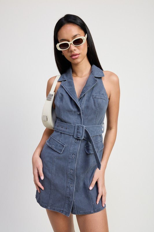 MINI HALTER COLLARED SLEEVELESS DRESS - Robbi & Angel