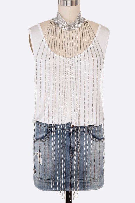 Extra Long Fringe Rhinestone Choker Necklace - Robbi & Angel