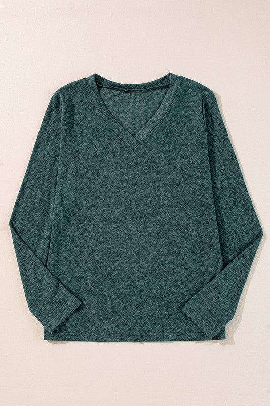 Mist Green Solid Color Long Sleeve V Neck Top - Robbi & Angel