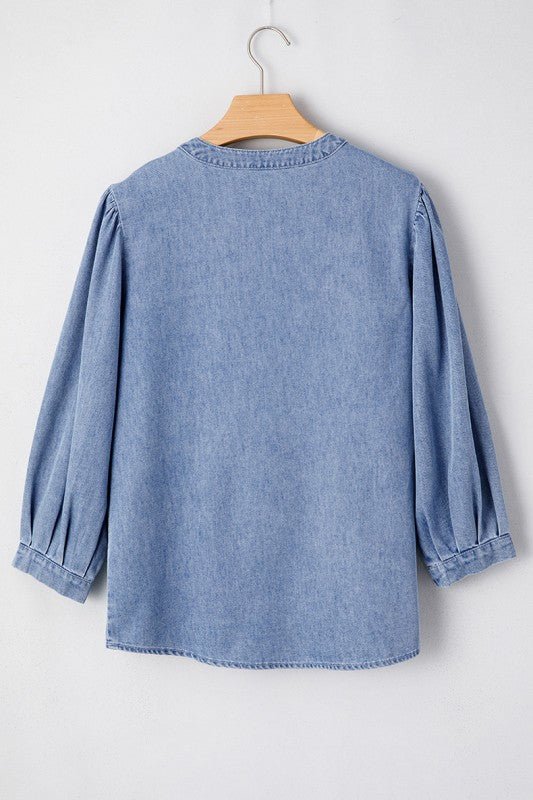 Denim Front Pintuck Bow Tie Puff Sleeve Top - Robbi & Angel