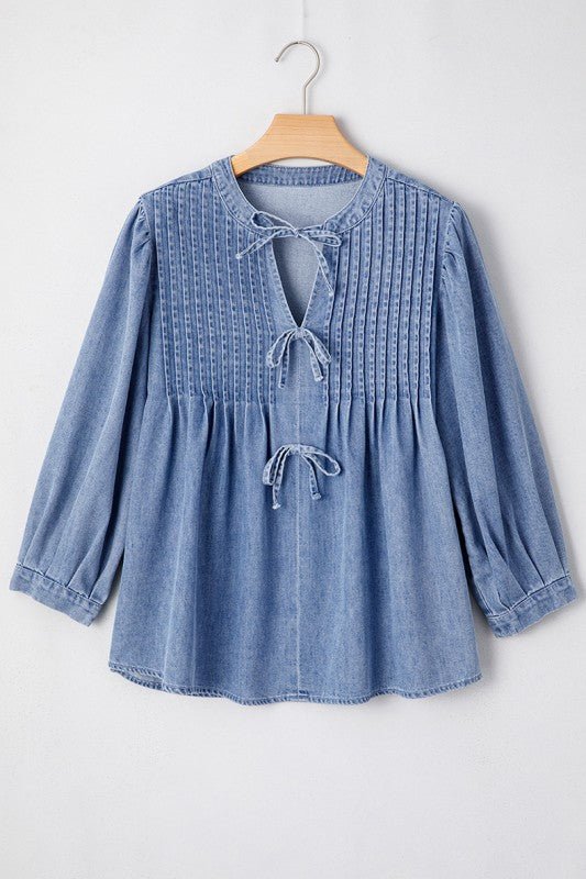 Denim Front Pintuck Bow Tie Puff Sleeve Top - Robbi & Angel