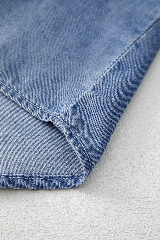 Denim Front Pintuck Bow Tie Puff Sleeve Top - Robbi & Angel