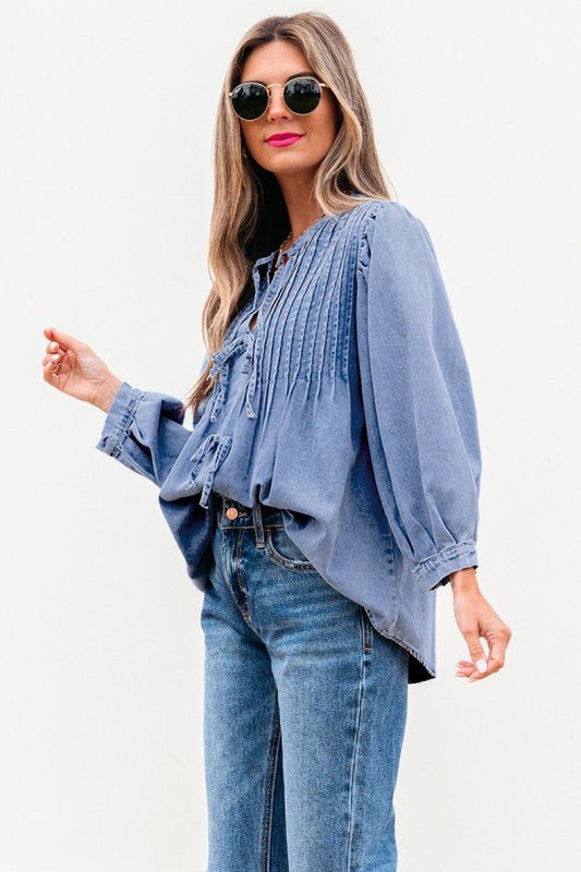 Denim Front Pintuck Bow Tie Puff Sleeve Top - Robbi & Angel