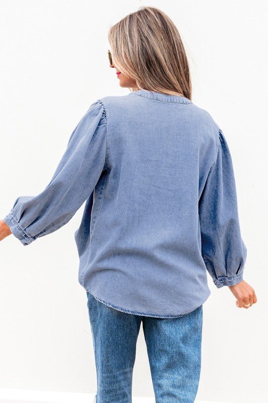 Denim Front Pintuck Bow Tie Puff Sleeve Top - Robbi & Angel