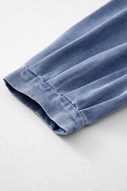 Denim Front Pintuck Bow Tie Puff Sleeve Top - Robbi & Angel