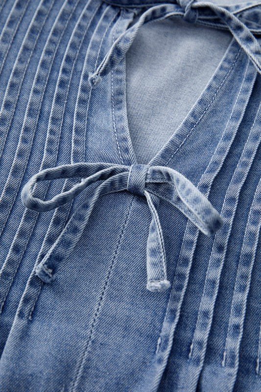 Denim Front Pintuck Bow Tie Puff Sleeve Top - Robbi & Angel