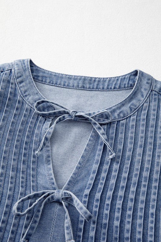 Denim Front Pintuck Bow Tie Puff Sleeve Top - Robbi & Angel