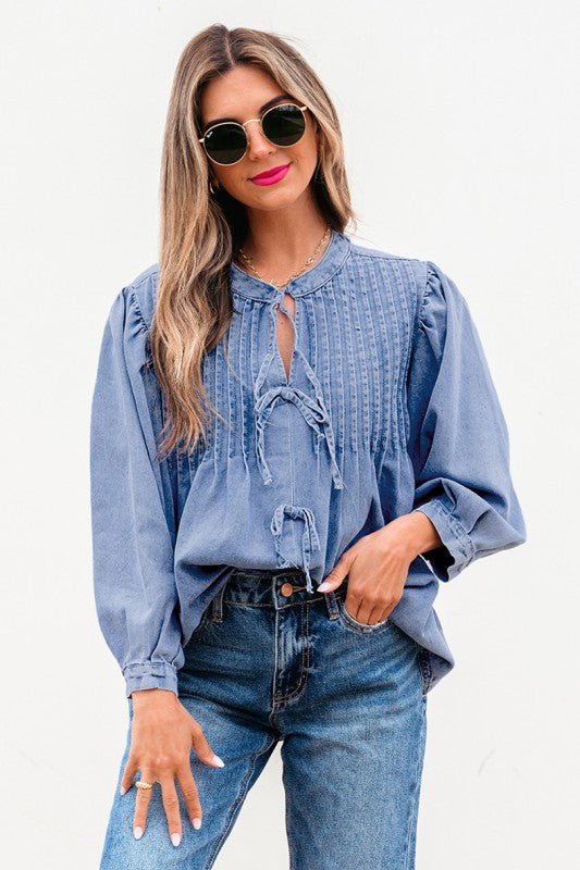 Denim Front Pintuck Bow Tie Puff Sleeve Top - Robbi & Angel