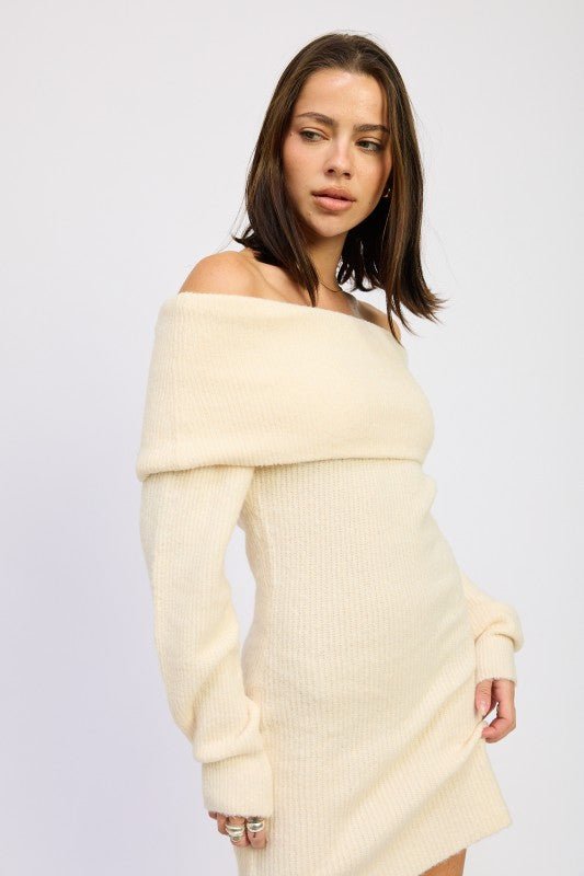 LONG SLEEVE OFF SHOULDER MINI KNIT DRESS - Robbi & Angel