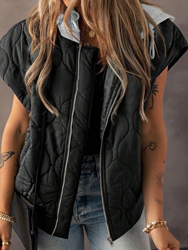Oversized Drawstring Hooded Zip Up Puffer Vest - Robbi & Angel