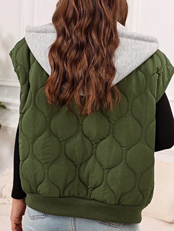 Oversized Drawstring Hooded Zip Up Puffer Vest - Robbi & Angel