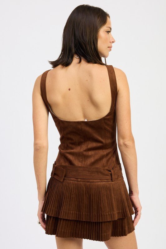 BELTED SUEDE PLEAT MINI DRESS - Robbi & Angel