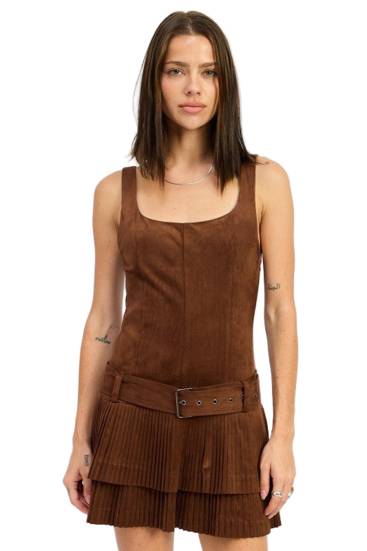 BELTED SUEDE PLEATED MINI DRESS Robbi & Angel BELTED SUEDE PLEATED MINI DRESS Robbi & Angel