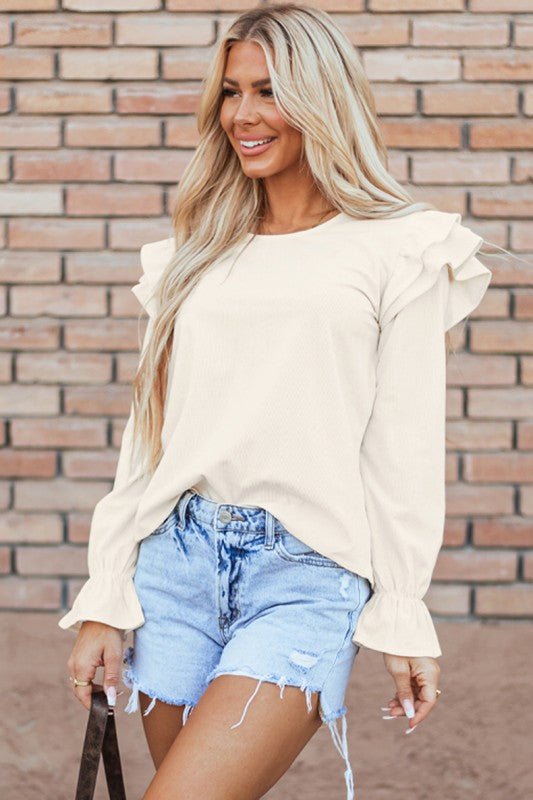Beige Ruffled Flounce Sleeve Corduroy Shirts - Robbi & Angel