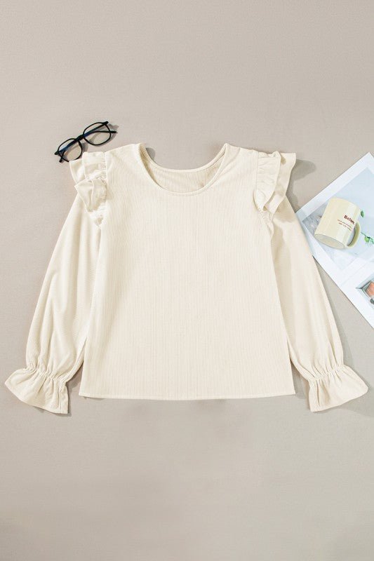 Beige Ruffled Flounce Sleeve Corduroy Shirts - Robbi & Angel