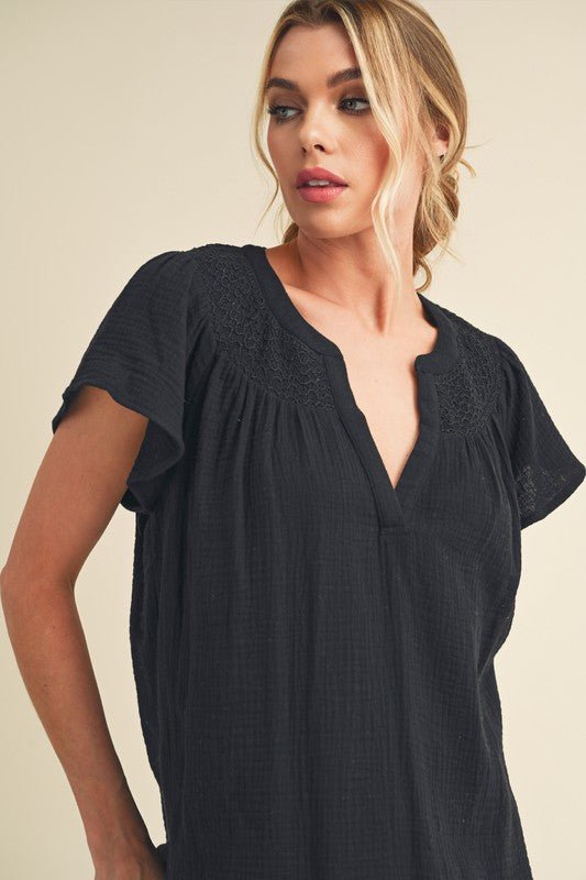 Aemi + Co Embroidered Trim Side Slit Notched Short Sleeve Blouse - Robbi & Angel