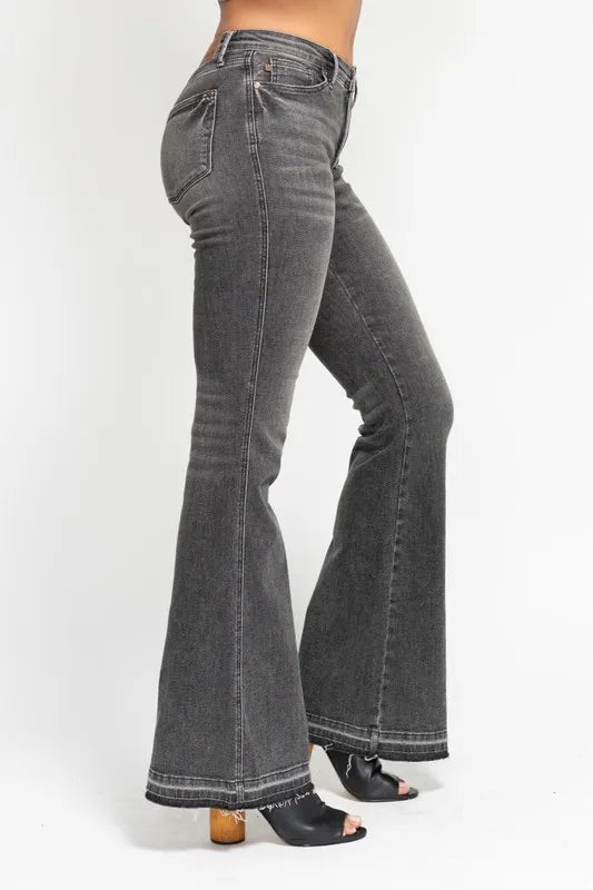 Judy Blue Full Size Mid Rise Tummy Control Washed Gray Release Hem Flare Jeans Plus Size - Robbi & Angel