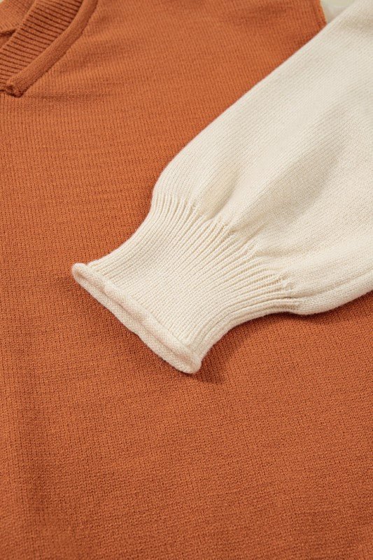 Colorblock Raw Edge Bubble Sleeve V - Neck Sweater - Robbi & Angel