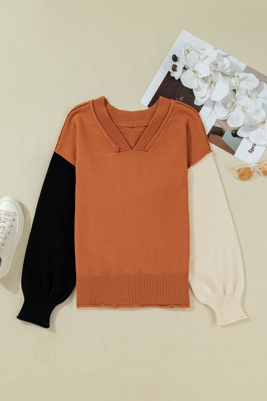 Colorblock Raw Edge Bubble Sleeve V - Neck Sweater - Robbi & Angel