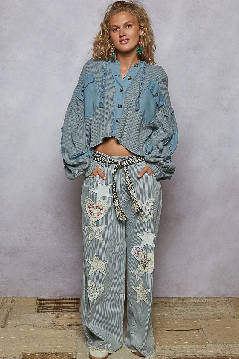 POL Contrast Cropped Jacket with Raw Edge Detail - Robbi & Angel