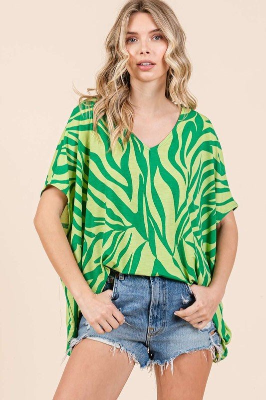Mittoshop Zebra Print V - Neck Short Sleeve Oversized Top - Robbi & Angel