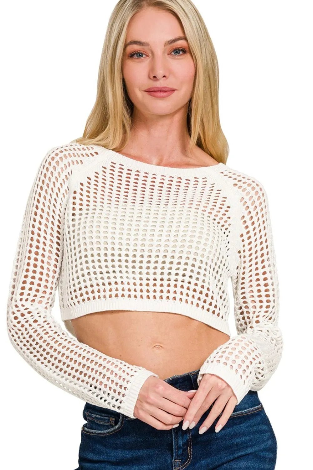 Hollow Knitted Cropped Round Neck Sweater - Robbi & Angel