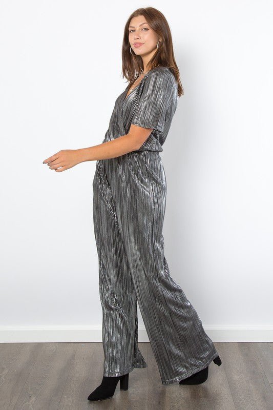 Be Stage Surplice Short Sleeve Pleated Foil Jumpsuit - Robbi & Angel