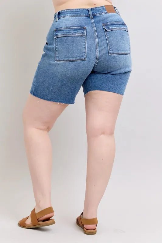 Judy Blue Full Size Mid Rise Bermudas Denim Shorts W/ Back Flap Pockets Plus Size - Robbi & Angel