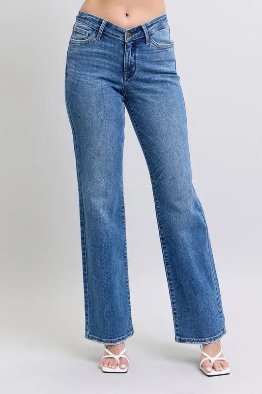 Judy Blue Full Size High Waist V - Front Vintage Wash Straight Jeans Plus Size - Robbi & Angel