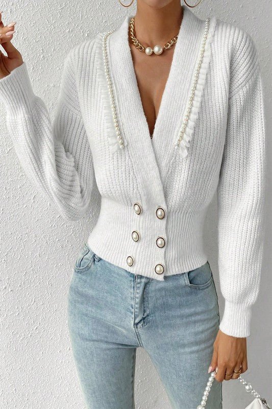 Deep V Double Breasted Pearl Beaded Decor Sweater - Robbi & Angel