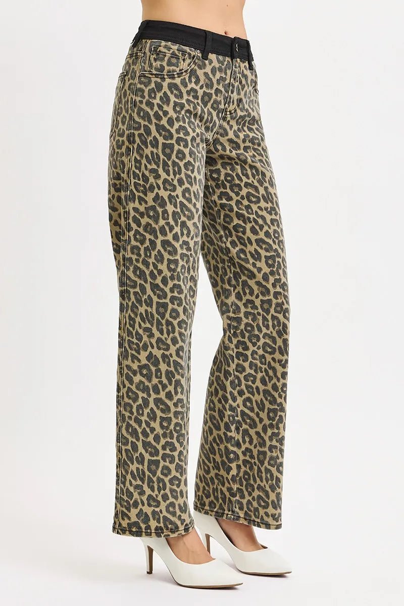 RISEN High Rise Wide Leg Leopard Printed Jeans with Contrast Waist Band Detail - Robbi & Angel