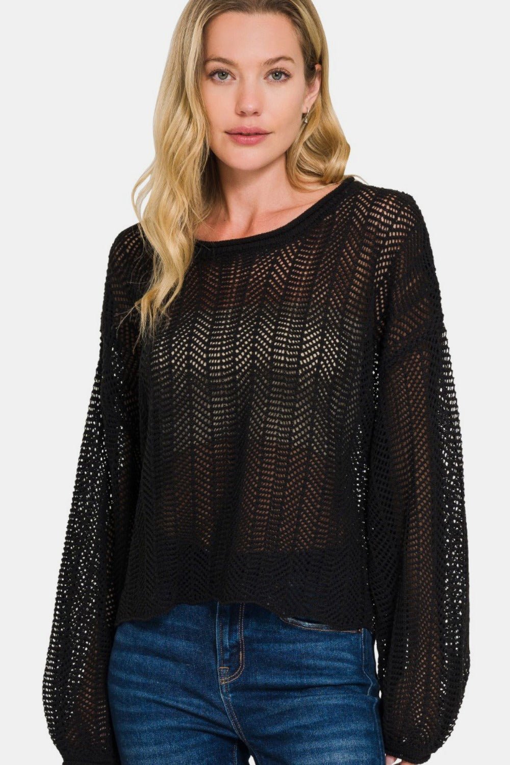 Zenana Hollow Out Long Sleeve Knit Cover Up - Robbi & Angel