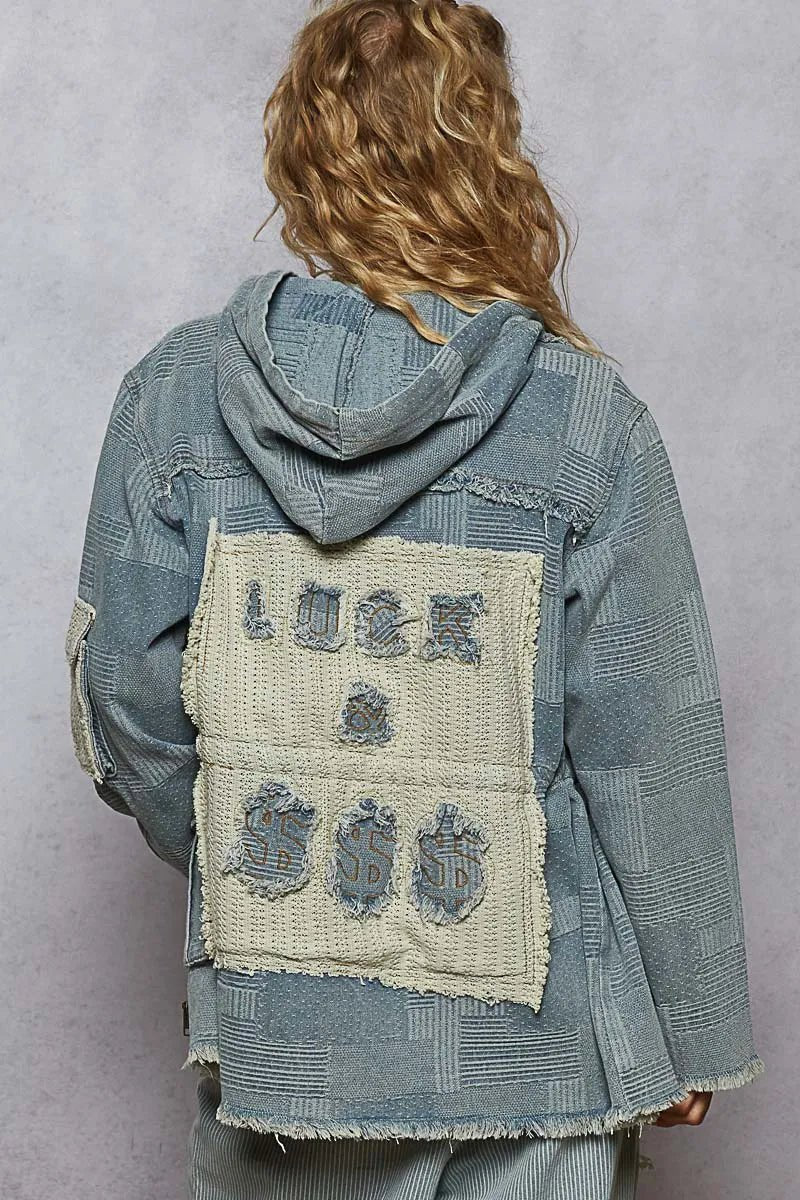 POL Raw Hem Drawstring Zip Up Hooded Denim Jacket - Robbi & Angel