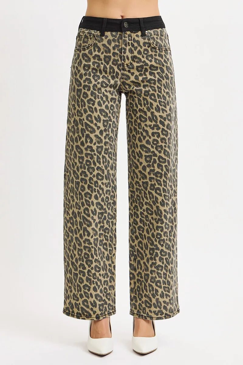 RISEN High Rise Wide Leg Leopard Printed Jeans with Contrast Waist Band Detail - Robbi & Angel