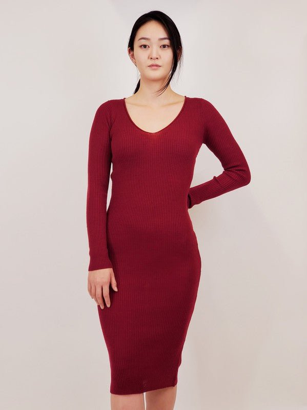 V - Neck Sheer Ribbed Knit Long Sleeve Sweater Dress - Robbi & Angel