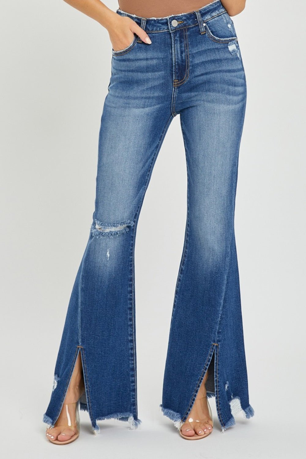 RISEN Full Size High Rise Front Slit Frayed Hem Flare Jeans - Robbi & Angel