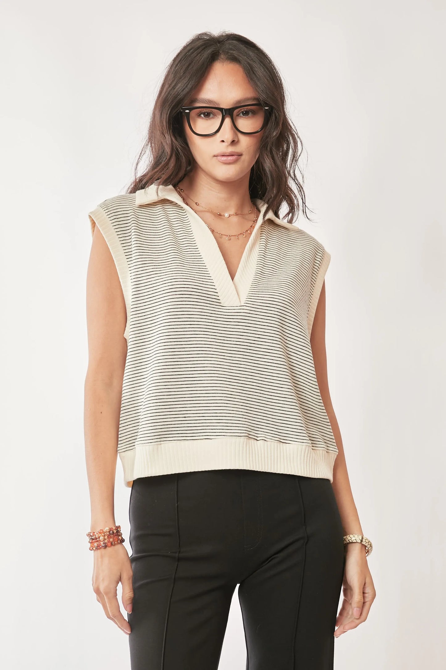Davi & Dani French Terry Boxy Fit Striped Sweater Vest - Robbi & Angel