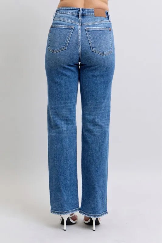 Judy Blue Full Size High Waist V - Front Vintage Wash Straight Jeans Plus Size - Robbi & Angel