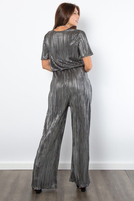 Be Stage Surplice Short Sleeve Pleated Foil Jumpsuit - Robbi & Angel