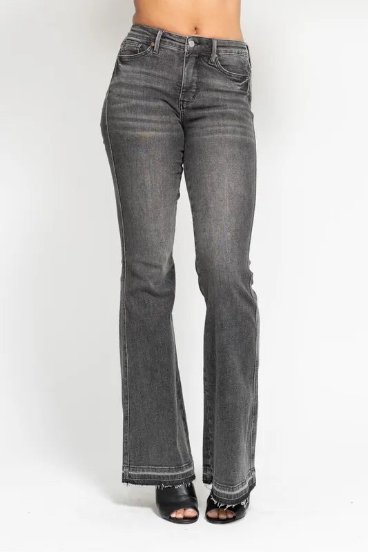 Judy Blue Full Size Mid Rise Tummy Control Washed Gray Release Hem Flare Jeans Plus Size - Robbi & Angel