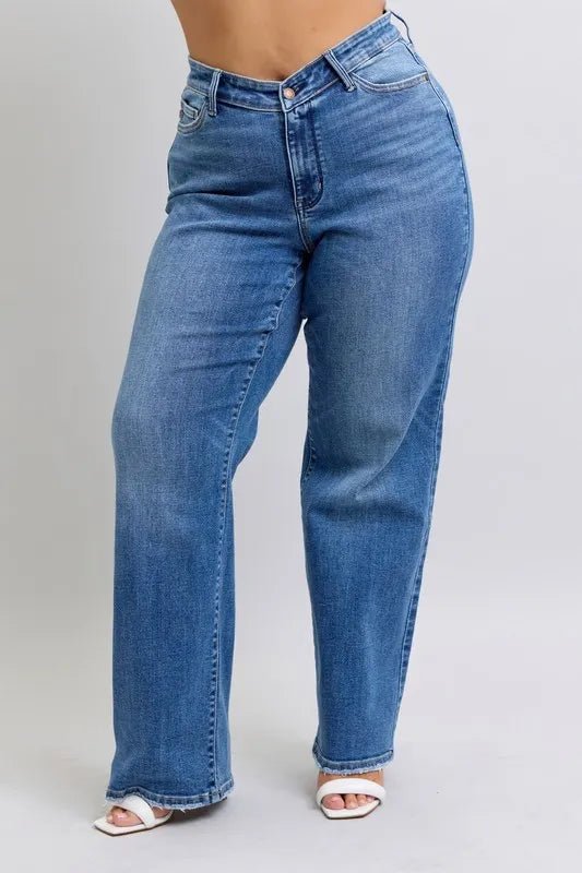Judy Blue Full Size High Waist V - Front Vintage Wash Straight Jeans Plus Size - Robbi & Angel