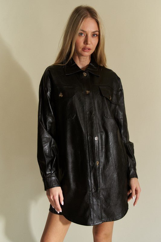 Davi & Dani Faux Leather Button Up Jacket with Chest Pockets - Robbi & Angel