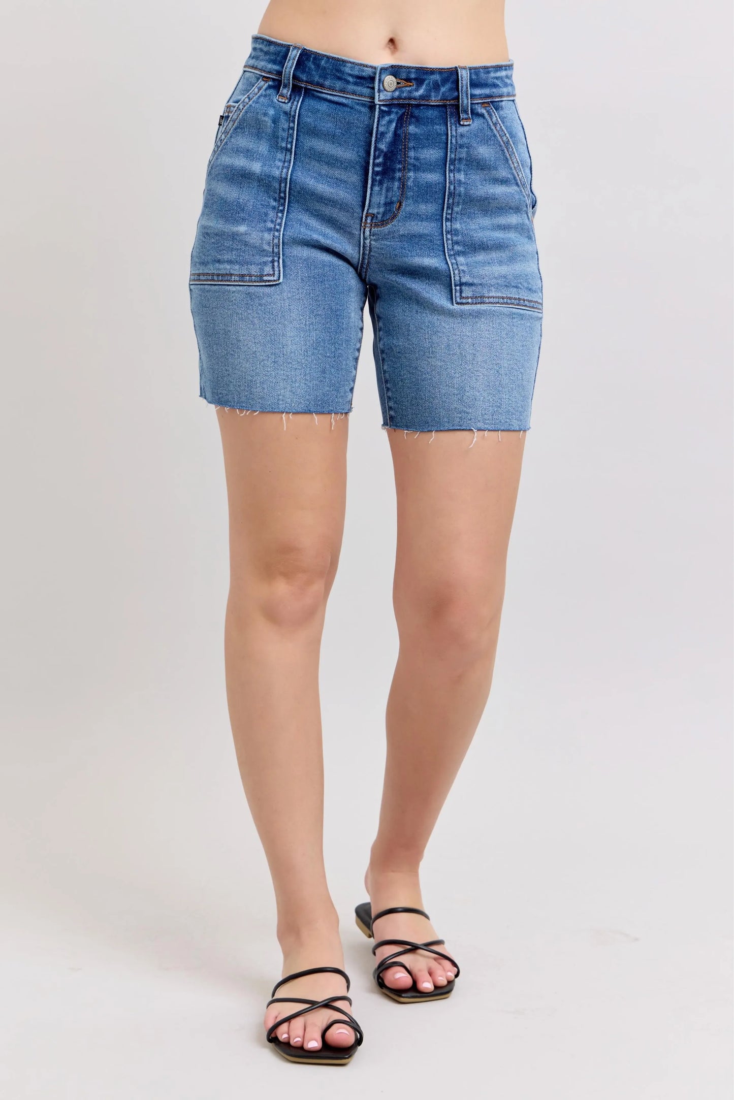 Judy Blue Full Size Mid Rise Bermudas Denim Shorts W/ Back Flap Pockets Plus Size - Robbi & Angel