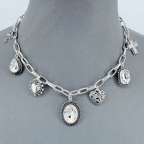 Silver Finish Filigree Necklace With Glass Design - Robbi & Angel
