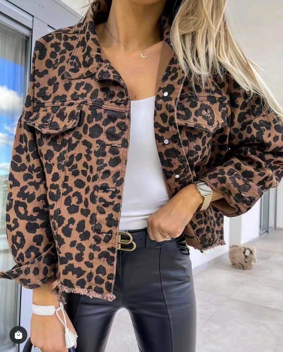 Leopard Raw Hem Denim Jacket - Robbi & Angel